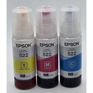 Epson 522 EcoTank Ink Bottles Cyan Yellow Magenta Exp 5/2027 Used Set of 3